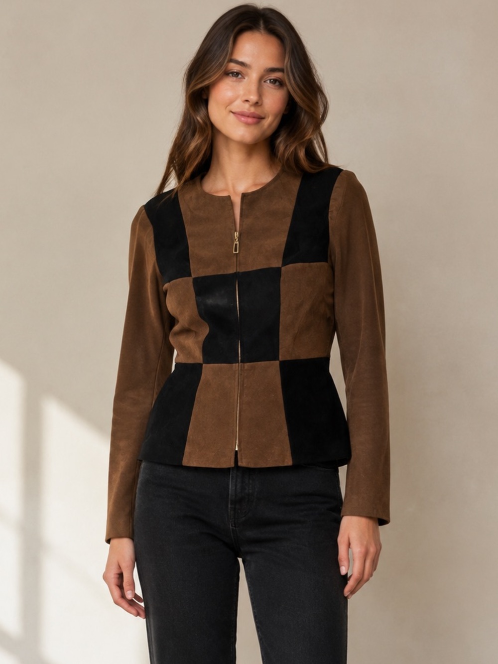 Jessica Howard Vintage Brown Black Patchwork Zip Jacket Size 10